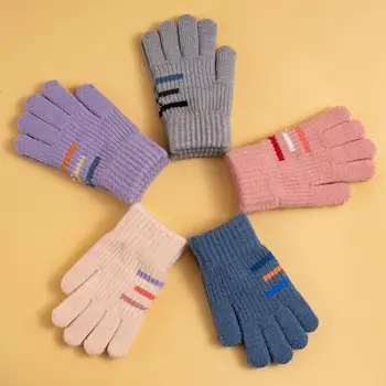 1 пара детских вязаных перчаток С разноцветными полосками, утолщенные, эластичные, теплые, ветрозащитные, зимние, для мальчиков и девочек, детские перчатки на весь палец