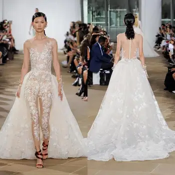 2020 Сексуальные комбинезоны, свадебные платья, Прозрачное свадебное платье с кружевной аппликацией на шее, украшенное драгоценными камнями, Со съемным шлейфом, Свадебное платье в стиле бохо Vestido