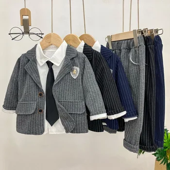 2021 Детская одежда Комплекты одежды для маленьких мальчиков Детское джинсовое пальто + рубашка + брюки 3шт. Наряды, осенне-зимние спортивные костюмы для маленьких мальчиков