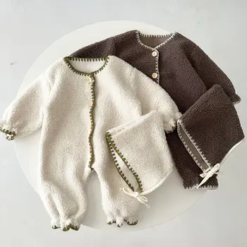 2023 Зима, Новый детский флисовый комбинезон с длинными рукавами и толстый бархатный однотонный комбинезон для новорожденных малышей + шапка, теплая одежда для младенцев