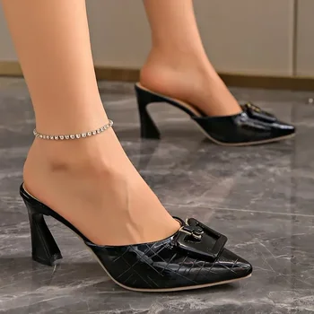 2024 Летние Новые Женские Тапочки на Половинном Высоком Каблуке С Открытым Носком Модные Туфли В Сексуальном Стиле