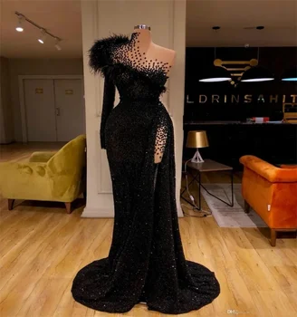 2024 Новое роскошное шикарное Саудовское женское вечернее платье с блестками, бисером из перьев, вечернее платье, длинное платье, сексуальное платье для выпускного вечера с разрезом сбоку