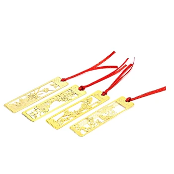 4ШТ закладок в китайском стиле, металлических закладок, золотых закладок для детей, женщин, золотой полый книжный знак с красным ремешком для завязывания