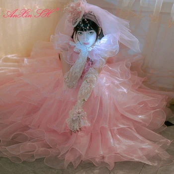 AnXin SH винтажное кружевное платье принцессы с розовым цветком и круглым вырезом, расшитое бисером, жемчуг, оборки на рукавах, белое старинное свадебное платье невесты на шнуровке