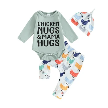 Bmnmsl Комплект штанов для новорожденных из 3 предметов, комбинезон с буквенным принтом для девочек и мальчиков, штаны с рисунком цыпленка, шляпа, одежда для младенцев