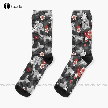Koi Sakura Blossom В черных носках Волейбол Носки Унисекс Для взрослых, подростков и молодежи, Персонализированная цифровая печать 360 ° на заказ