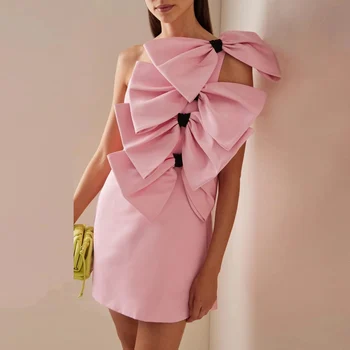 KSDN Розовое Элегантное платье для выпускного вечера длиной выше колена с бантом на одно плечо, без рукавов, Атласная мини-юбка для вечеринки по случаю дня рождения от портного.