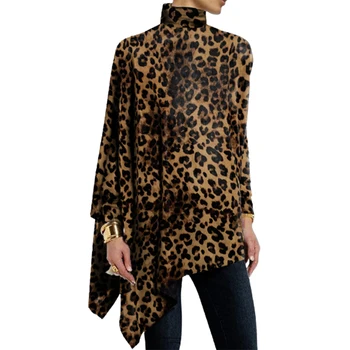 Lemongor/ Женские модные повседневные топы с леопардовым принтом и высоким воротом, новинка 2023 года, весенне-осенние свободные футболки с длинными рукавами для женщин