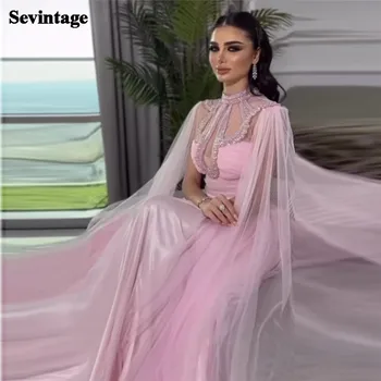 Sevintage Элегантные вечерние платья из тюля в Саудовском арабском стиле, Трапециевидные вечерние платья с длинными рукавами-накидками, вечерние женские платья для выпускного вечера, платья для особых случаев