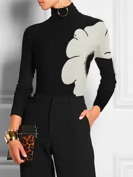 Yeezzi 2023, модные Женские футболки с цветочным принтом и высоким воротом, весенне-осенние Корейские модные повседневные базовые облегающие черные топы.