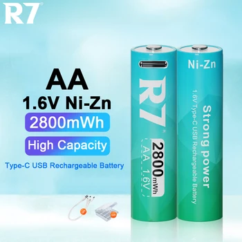 Аккумуляторные батареи R7 2800 МВтч 1,6 В Ni-Zn AA, аккумулятор USB AA NIZN с подарочным кабелем Type-C