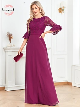 Вечернее платье Fannonnaf с оборками, половина рукава, длина до пола, кружевная аппликация бордового цвета, Элегантные шифоновые вечерние коктейльные платья для выпускного вечера 2023 года
