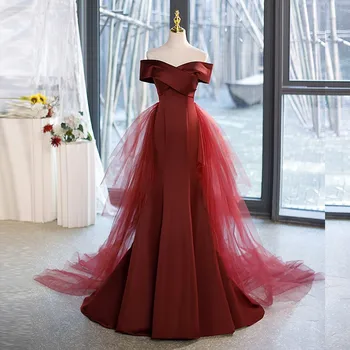Вечернее платье со съемным хвостом, темно-красные вечерние платья Русалки, Элегантное вечернее платье с открытыми плечами, реальное фото Вечернего платья