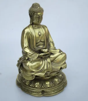 Высота: 19 см!!! Художественная коллекция, Украшенная Латунной Резьбой Статуя Будды Шакьямуни /Домашняя Скульптура Будды Фэн-Шуй