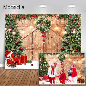 Деревенский Рождественский сарай, деревянная дверь, фон для фотосъемки, Рождественская елка, снежные подарки, фон для фотосессии, реквизит для семейной фотосессии