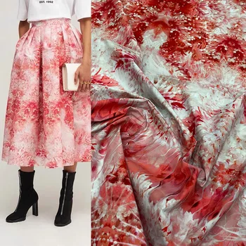Европейский и американский Выцветающий Красный цветочный узор Полиэфирная Саржа Атласная ткань для женского платья Брюки Ручной работы DIY Ткань для шитья