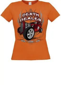 Женская футболка оранжевого цвета С Изображением Hot Rod- & Американская модель Carmotiv Death Dealer