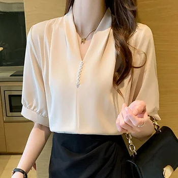 Женская шифоновая рубашка с короткими рукавами, женская летняя одежда, топ 2023, дизайнерский дизайн, Маленькая летняя однотонная тонкая блузка с v-образным вырезом, женские топы