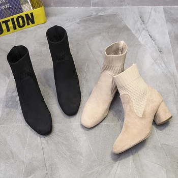 Женские полусапожки на высоком каблуке 2022, модные новые носки из эластичной ткани, сапоги, Универсальные удобные и элегантные женские ботинки
