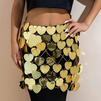 Женские Серебряные блестки, мини-юбка с пайетками в форме сердца, Укороченный топ с золотым зеркальным Кольчужным сердечком