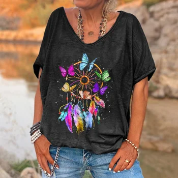 Женские футболки с рисунком бабочки из перьев, футболки с рисунком хиппи.