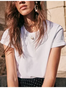 Женские футболки-топы из хлопка с закатанным краем, свободная простая универсальная летняя футболка с круглым вырезом и коротким рукавом