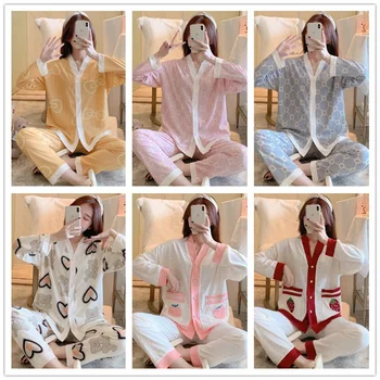 Женский комплект Sweet Kawaii с длинным рукавом, 2 предмета, женская пижама, летняя пижама для женщин, женская одежда для сна, Пижамные комплекты