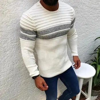 Зимний свитер в полоску, модный мужской свитер в полоску, приталенный трикотаж с цветными вставками, осенне-зимний повседневный длинный