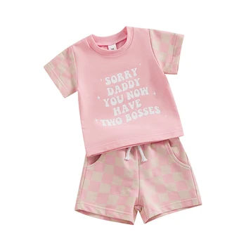 Комплект одежды из 2 предметов для маленьких девочек, футболка в клетку с буквенным принтом, короткий рукав и эластичные шорты, Милая летняя одежда
