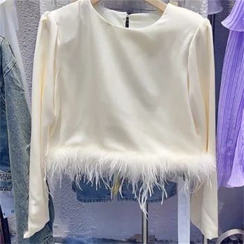 короткая футболка с круглым воротником, прошитая меховой опушкой из перьев, летняя женская элегантная блузка с пузырчатыми рукавами
