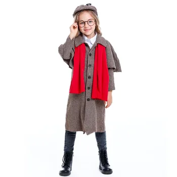 Костюм детектива Британского колледжа для детей, куртка для мальчиков и девочек, шляпа, шарф, комплект костюмов для косплея на Хэллоуин, наряд для ролевых игр
