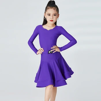 Костюм для соревнований по латиноамериканским танцам, фиолетовый раздельный костюм, боди, юбка для танцев Чача, одежда для девочек для танцев Румба, одежда для выступлений VDB6432