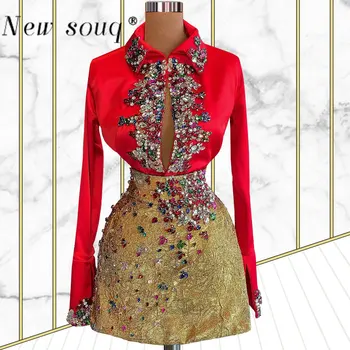Красная роскошная рубашка и юбка с кристаллами, модная двойка, короткое платье для выпускного вечера с рукавами, элегантные вечерние платья, праздничные платья