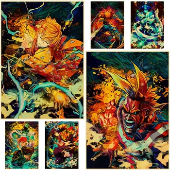 Крафт Бумага Плакаты с аниме фигурками Demon Slayer One Punch Man Принты Живопись Картины Настенный Арт Декор Украшение комнаты Фрески Подарки