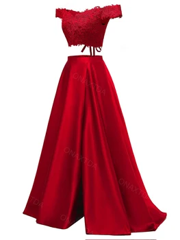 Кружевное атласное платье для выпускного вечера из двух частей с разрезом на плечах и V образным вырезом Официальное вечернее платье трапециевидной формы Коктейльное платье для женщин ON2