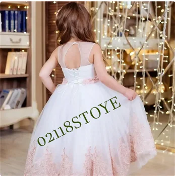 Кружевное белое тюлевое платье с цветочным узором для девочек для свадебной вечеринки с круглым вырезом и открытой спиной, платье для Первого причастия, размер от 2 до 16 лет