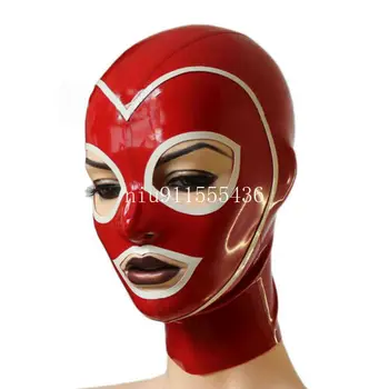 Латексный капюшон с открытыми большими глазами, латексная маска на молнии сзади, резиновый капюшон, красный с белой отделкой для вечеринок, косплей-костюмы