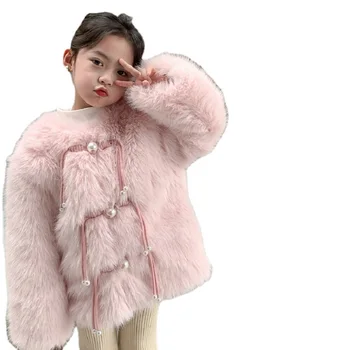 Меховое пальто для девочек 2023, Зимняя одежда с жемчужной пуговицей для девочек, хлопковый топ на заколках для новорожденных