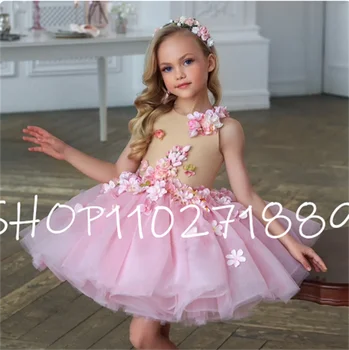 Милое розовое платье для девочек с 3D цветами, тюлевое платье-пачка, вечерние платья телесного цвета, платье на день рождения
