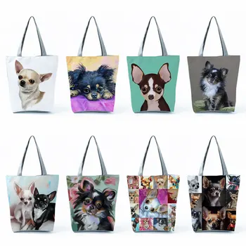 Милые сумки для покупок с принтом чихуахуа, складная сумка-тоут, женские сумки через плечо с мультяшным животным, собакой, продукты, женские сумки большой емкости