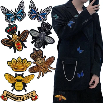 Многоцветная вышивка бабочкой, нашивки в виде пчелиной короны, украшенный бисером значок-аппликация для костюма, джинсовой сумки, швейного ремесла TH2214