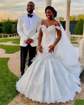 Модное Вышитое Свадебное Платье С Открытыми Плечами Русалка Африканское Свадебное Платье Из Бисера На Заказ Платье Невесты