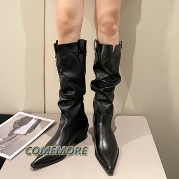 Модные плиссированные сапоги на толстом каблуке, женские осенние ботинки 2023 года из искусственной кожи с острым носком до середины икры, женская дизайнерская обувь без застежки в готическом стиле.