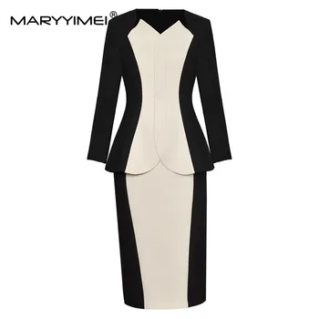 Модный осенний женский костюм MARYYIMEI с V-образным вырезом, длинными рукавами, пиджак с поясом + модная юбка, элегантный комплект из двух предметов для пригородных поездок
