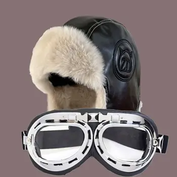 Мужская зимняя шапка-бомбер с защитными очками, уличная мотоциклетная ветрозащитная теплая пилотская шапка-ушанка из искусственного меха, кожаная термальная ушанка