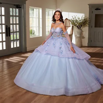 Небесно-Голубое Блестящее Бальное Платье С Открытыми Плечами И Длинными Рукавами, Пышные Платья Sweet 16 Princess, Кружевные Бусины, Vestido De 15 Anos