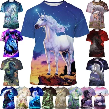 Новая модная летняя футболка с 3D-принтом Единорога, повседневная футболка унисекс с короткими рукавами в стиле Харадзюку с животным конем