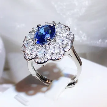 Новинка высокого класса, роскошный овальный синий драгоценный камень, открывающий цветок, обручальное кольцо, серебряная инкрустация 925 пробы, ювелирные изделия из циркона AAAAA для женщин