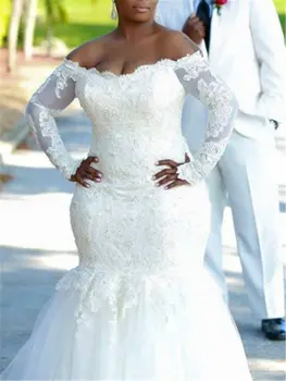 Новые Аппликации Русалка Плюс Размер Свадебное Платье с Длинным Рукавом 2024 Африканские Платья Gril lBride robe de mariage