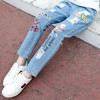 Новые весенне-летние детские джинсы с отпечатками пальцев для девочек, модные осенние рваные джинсовые брюки, детские брюки